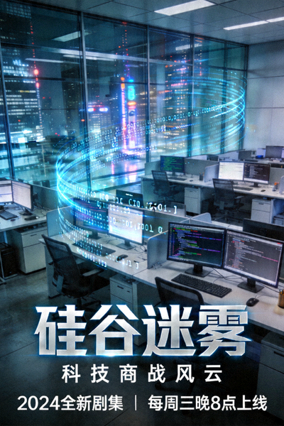 硅谷迷雾科技商战剧海报，现代办公室与代码